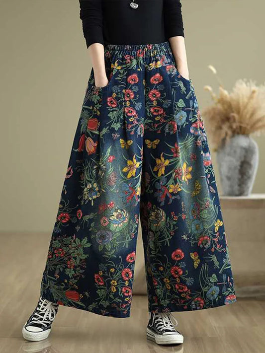 Cralom High Waist Wide Leg Print Jeans