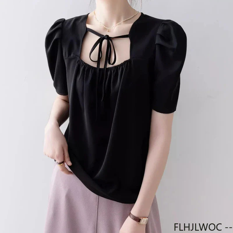 Square Neck Black Bow Tie Top - Cralom Women's Blouse