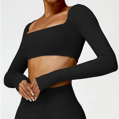 Cralom Square Neck Gym Top: Quick Dry Long Sleeve Crop Top for Women