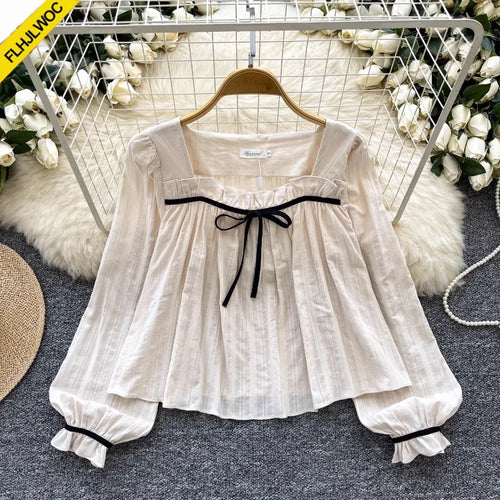 Cralom Square Neck Ruffles Doll Shirt with Bow Tie for Women