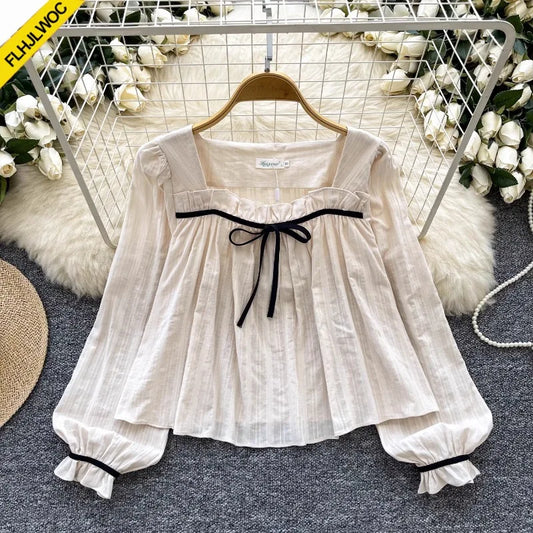 Cralom Square Neck Ruffles Doll Shirt with Bow Tie for Women