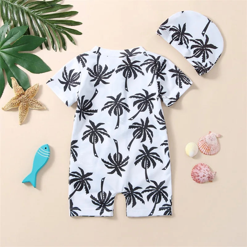 Cralom Baby Boy Swimsuit Set with Hat, Cartoon Tree Print Jumpsuit