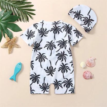 Cralom Baby Boy Swimsuit Set with Hat, Cartoon Tree Print Jumpsuit