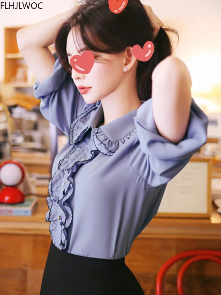 Cralom Autumn Spring Ruffles Blouse Chic Fashion Tops Office Lady Style