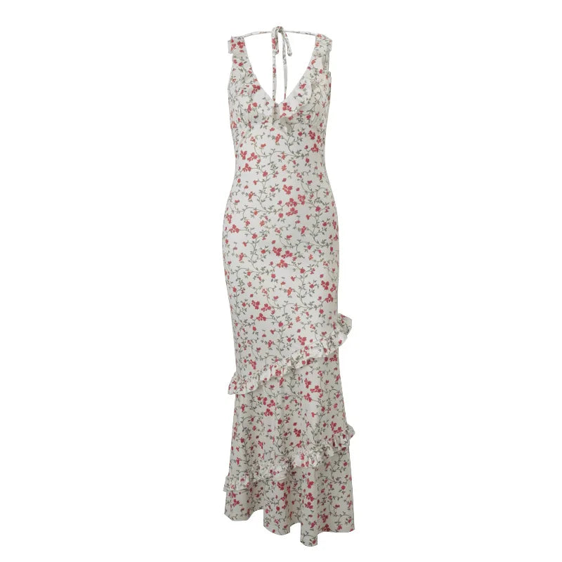 Cralom V-neck Floral Ruffle Edge Slim Dress