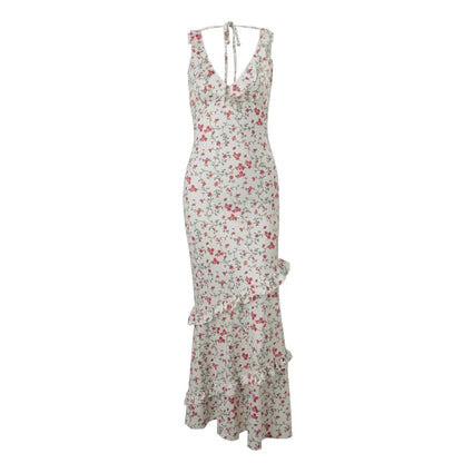 Cralom V-neck Floral Ruffle Edge Slim Dress