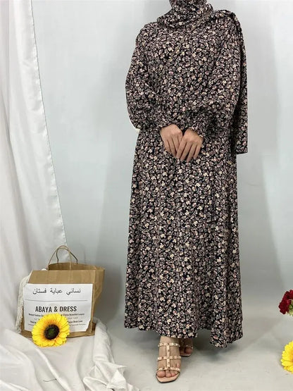 Ramadan Floral Print Abaya Hooded Kaftan by Cralom: Elegant Muslim Dress for Women