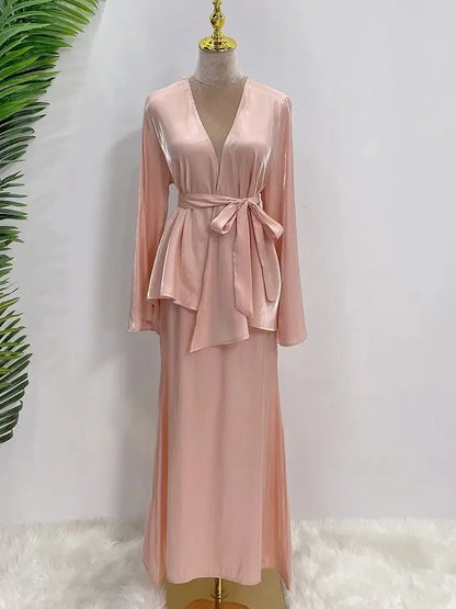 Cralom Cralom Ramadan Satin Abaya Modest Dress Set Women's Kaftan