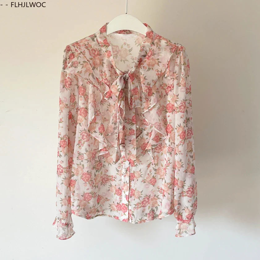 Cralom Vintage Flower Print Women's Ruffled Bow Tie Long Sleeve Shirt - Pink Chic Button Top