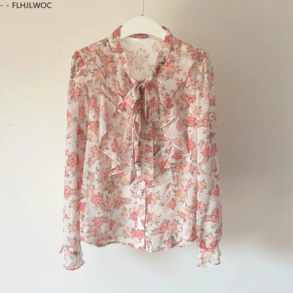 Cralom Vintage Flower Print Women's Ruffled Bow Tie Long Sleeve Shirt - Pink Chic Button Top