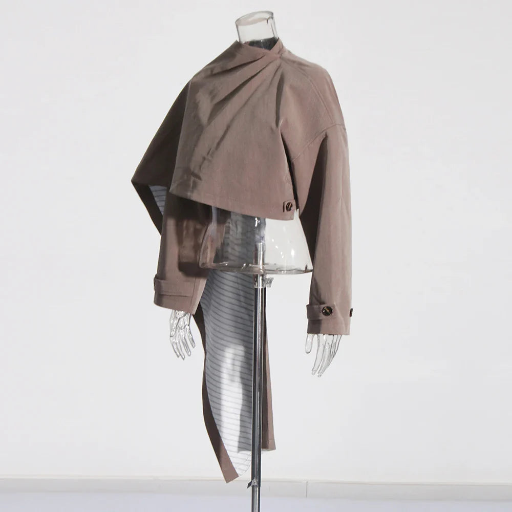 Cralom Chic Button Short Coat Turtleneck Asymmetrical Jacket