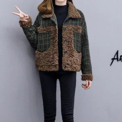Cralom Fluffy Plaid Fleece Jacket for Women Warm Winter Coat