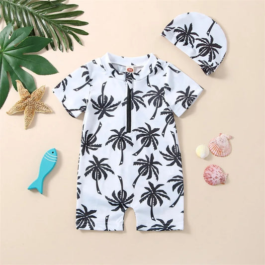 Cralom Baby Boy Swimsuit Set with Hat, Cartoon Tree Print Jumpsuit