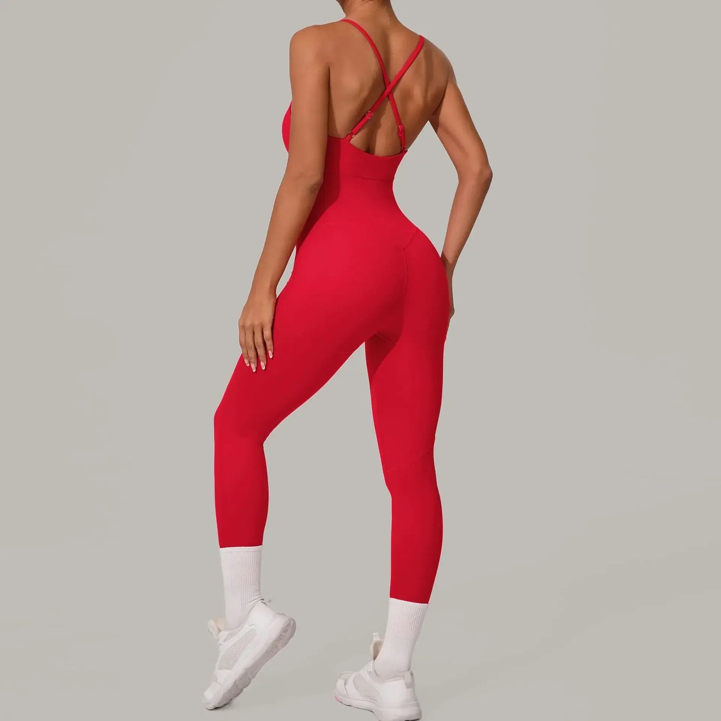 Cralom Seamless Cross Back Yoga Jumpsuit - Adjustable Straps, Butt Lifting