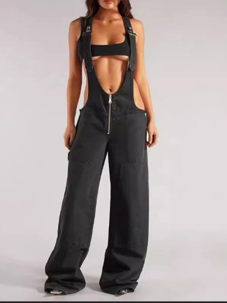 Cralom High Waist Backless Overalls Vintage Jeans - Trendy Y2k Style