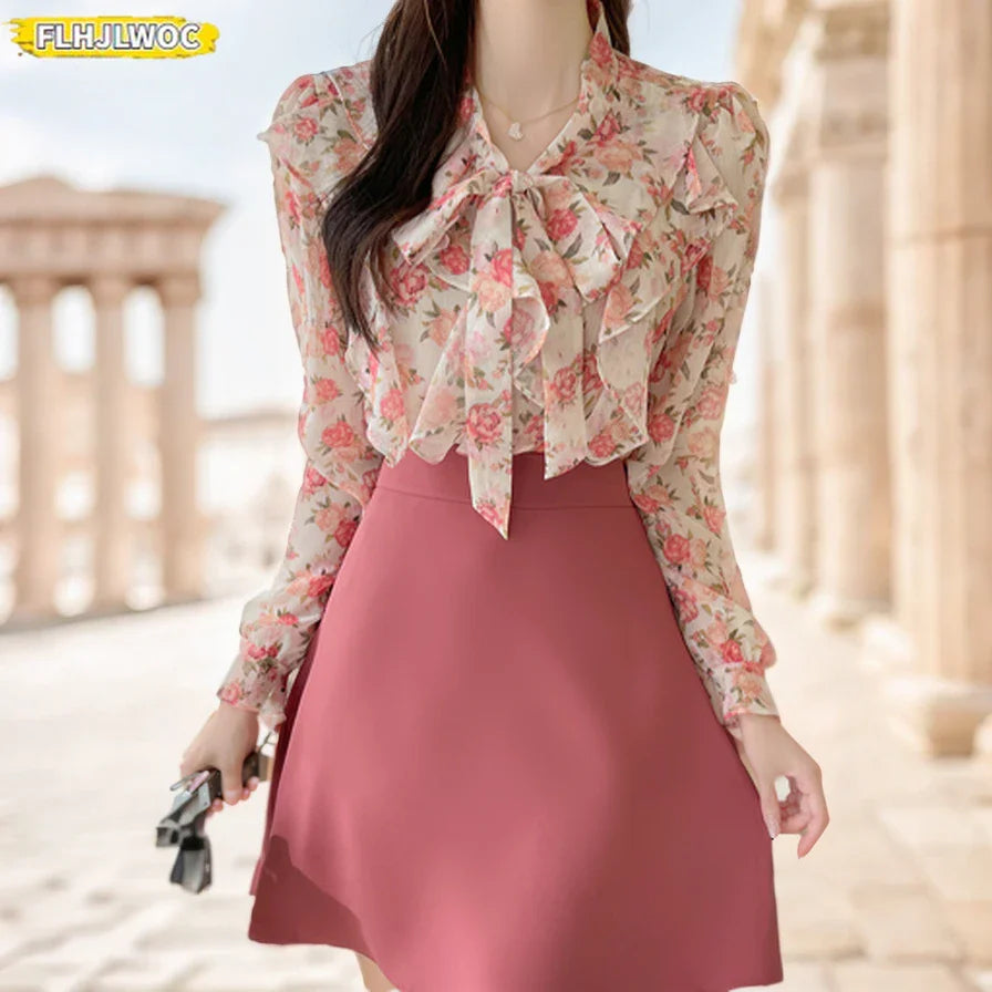 Cralom Vintage Flower Print Women's Ruffled Bow Tie Long Sleeve Shirt - Pink Chic Button Top