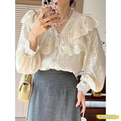 Cralom Elegant Ruffled White Blouse for Women's Office Chicwear