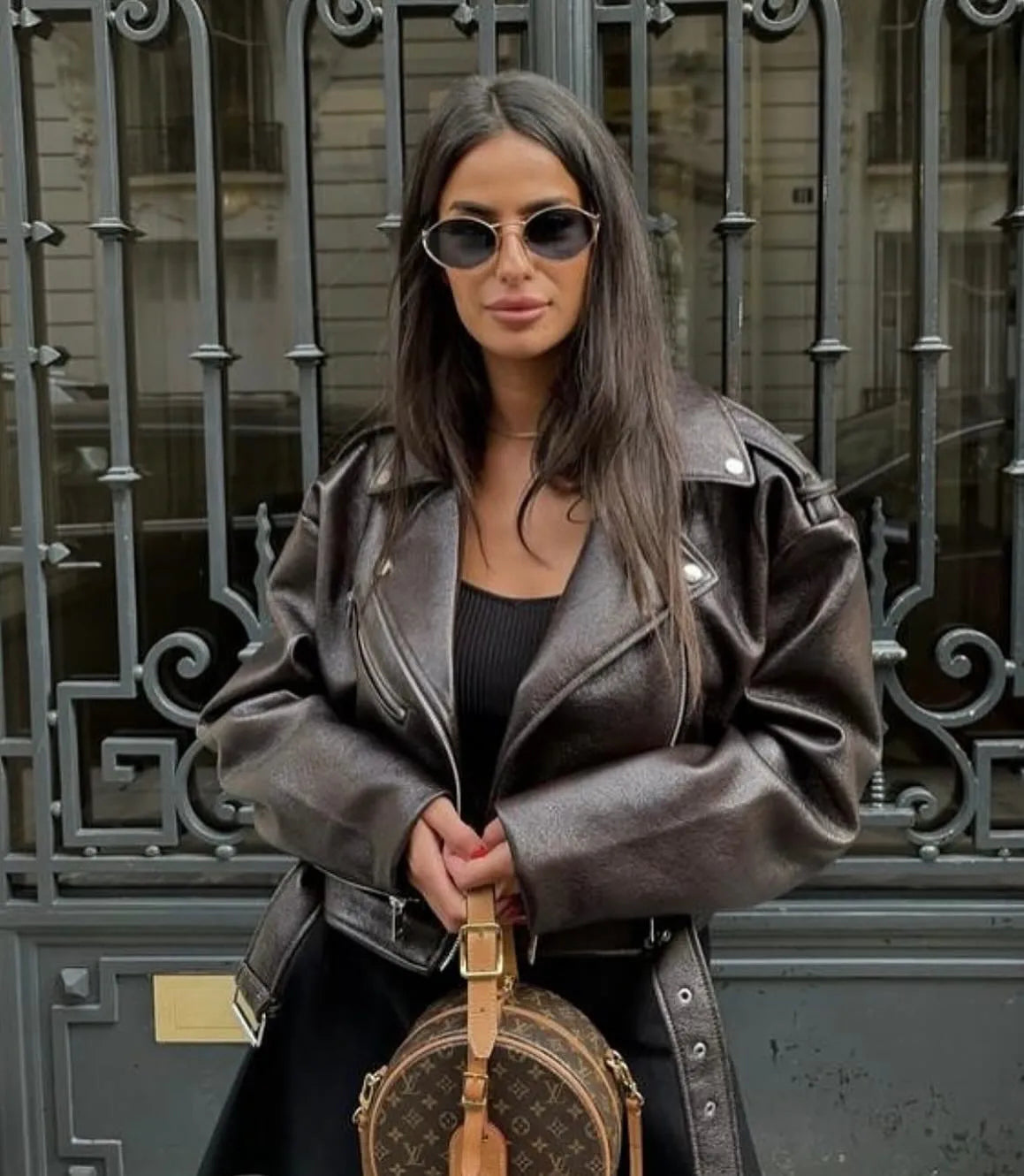 Cralom Retro Faux Leather Jacket with Belt and Zipper