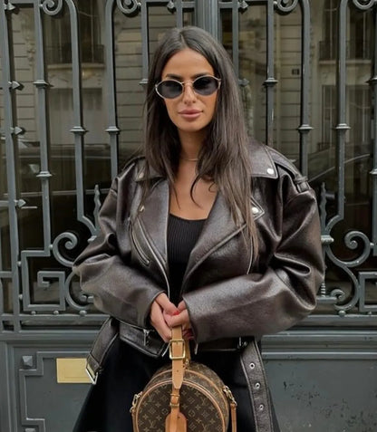Cralom Retro Faux Leather Jacket with Belt and Zipper