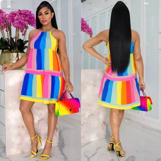 Cralom Rainbow Stripe Halter Dress: Sleeveless, Colorful & Sexy for Women
