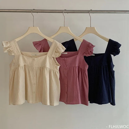 Cralom Ruffled Blouse: Retro Chic Single-Breasted Shirt for Girls