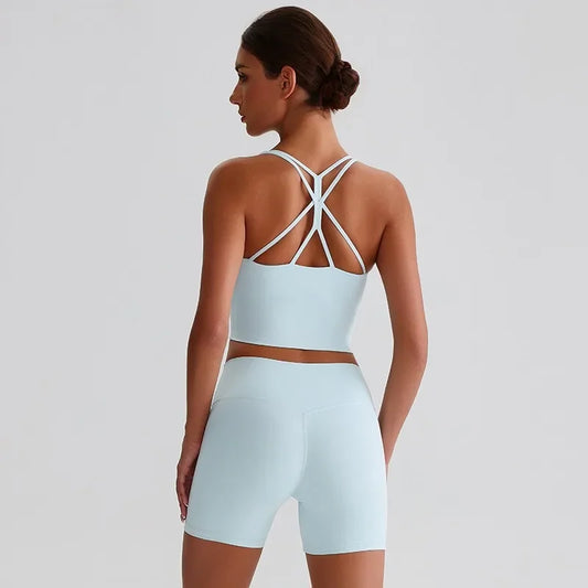 Cralom Naked Feel Yoga Set: Backless Top & Peach Booty Shorts