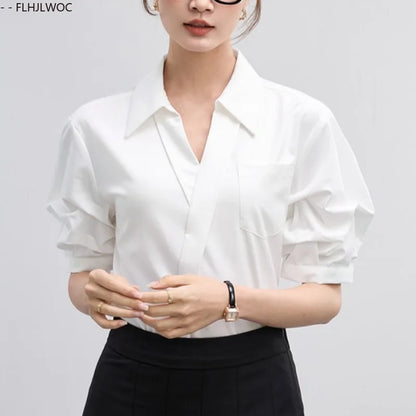 Cralom Women's V-Neck White Shirt - Summer Work Blouse with French Design