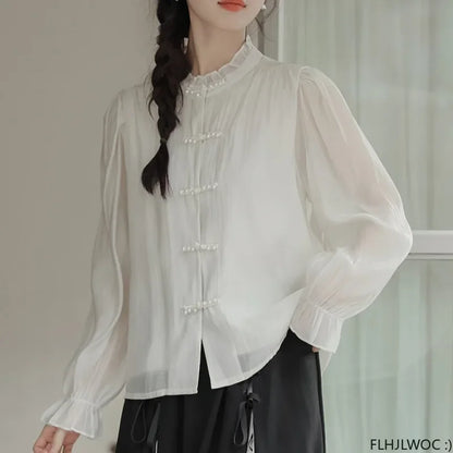 Cralom Chic Cotton Ruffles Beaded Chi-pao Collar Blouse