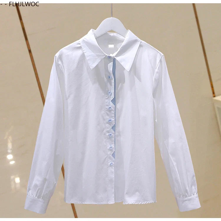 Cralom Retro Vintage Blue Button Cotton Tops Blouses for Chic Office Lady