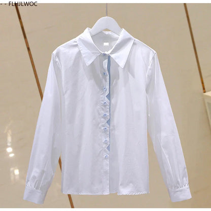 Cralom Retro Vintage Blue Button Cotton Tops Blouses for Chic Office Lady