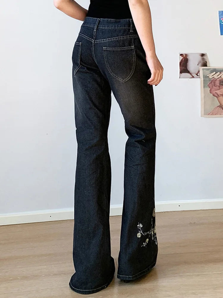 Cralom Vintage Embroidery Flare Jeans - High Waist Slim Straight Pants