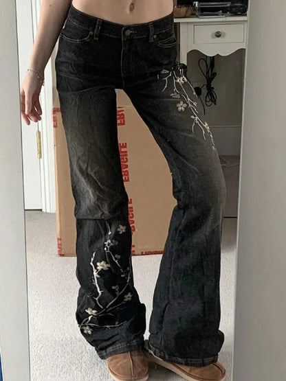 Cralom Vintage Embroidery Flare Jeans - High Waist Slim Straight Pants