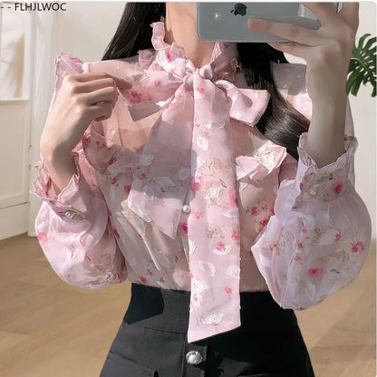 Cralom Ruffled Stand Collar Blouse 2025 Y2K Summer Chic Japan Cute Bow Tie Tops