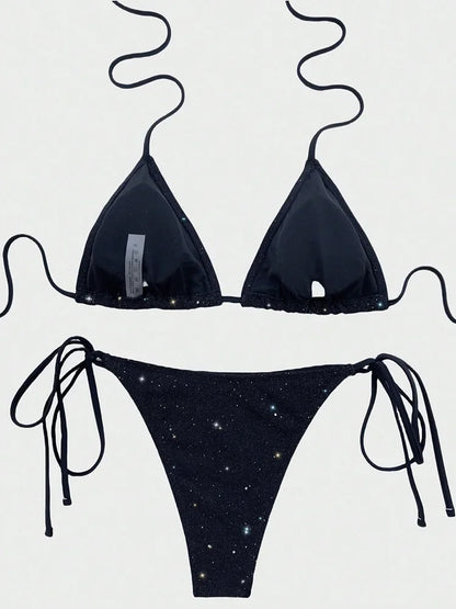 Cralom Lace-Up Sequins Bikini Set High Waist Beach Swimsuit