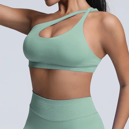 Cralom One Shoulder High Impact Sports Bra - Adjustable Straps & Removable Pads