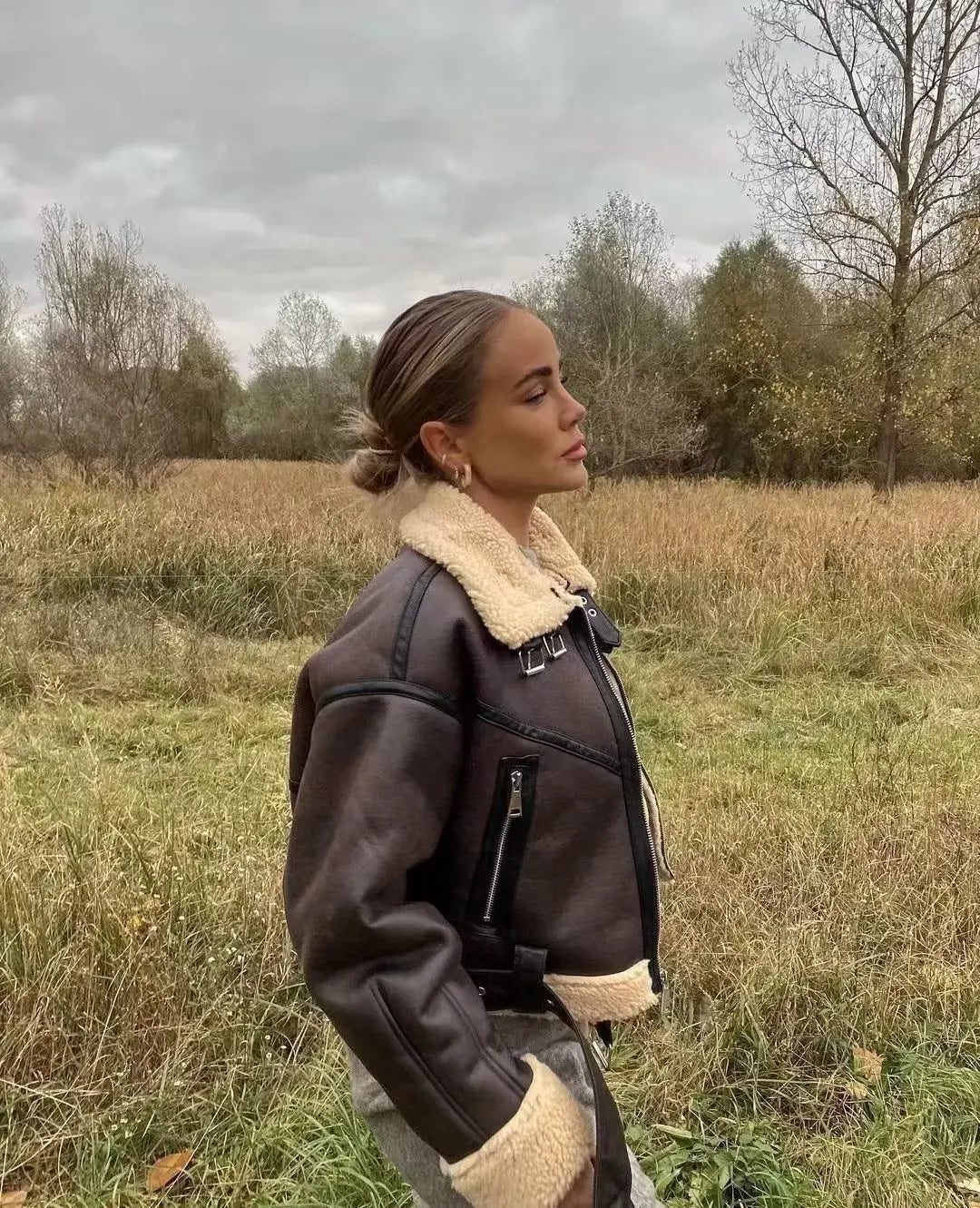 Cralom Faux Lamb Leather Fur Jacket with Belt - Women's Winter Streetwear Coat
