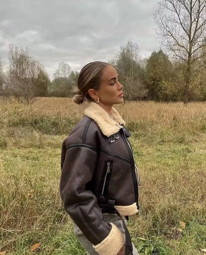 Cralom Faux Lamb Leather Fur Jacket with Belt - Women's Winter Streetwear Coat