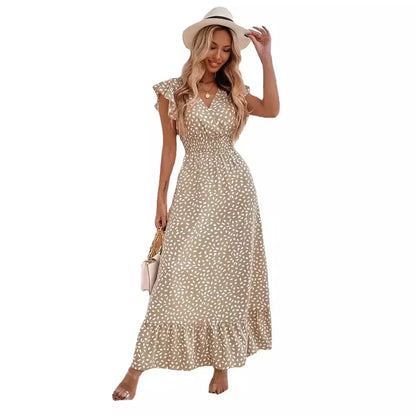 Cralom Floral V-Neck High Waist Dress with Lotus Leaf Sleeves for Summer 2025