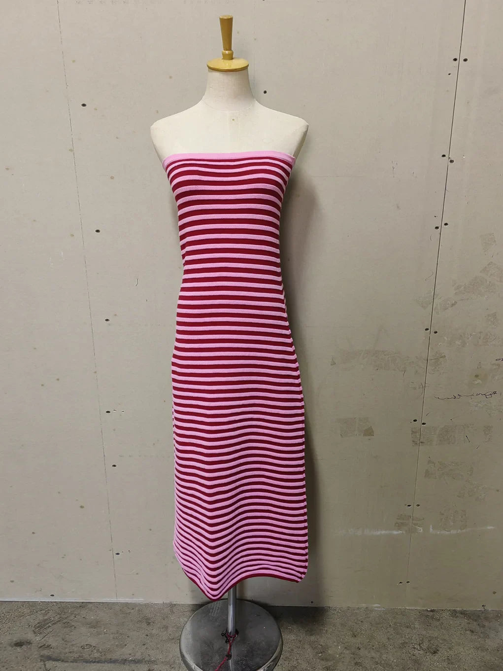 Cralom Knitted Striped Strapless Long Dress - Slim Fit, Hip Hugging Cotton Wool Woven