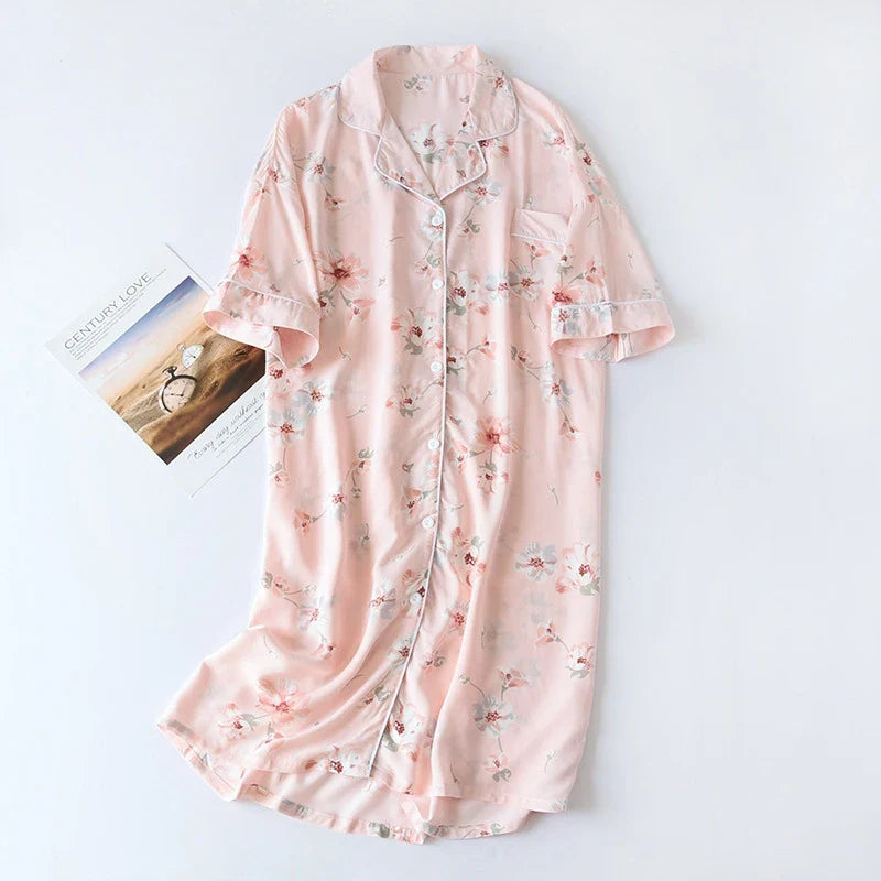 Cralom Soft Floral Nightgown Sleepdress Half-Sleeve Lapel Homewear Comfy