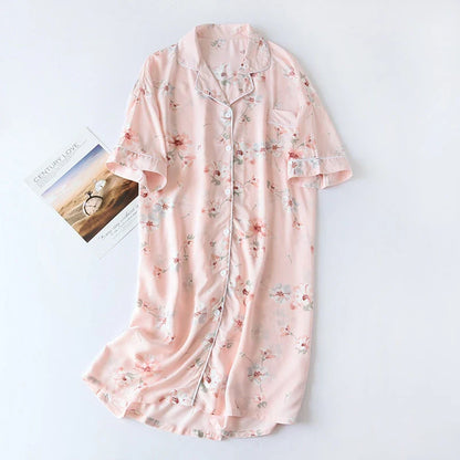 Cralom Soft Floral Nightgown Sleepdress Half-Sleeve Lapel Homewear Comfy