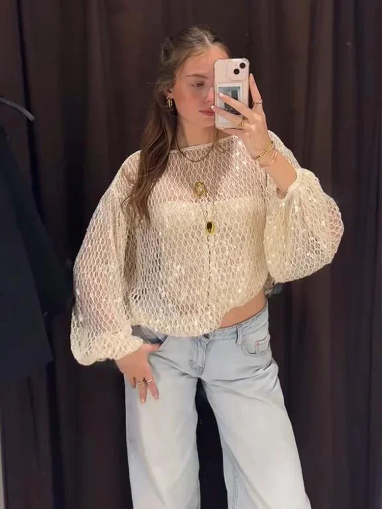 Cralom Sequin Knit Blouse: Women's Long Sleeve Pullover Top, Chic Vacation Style