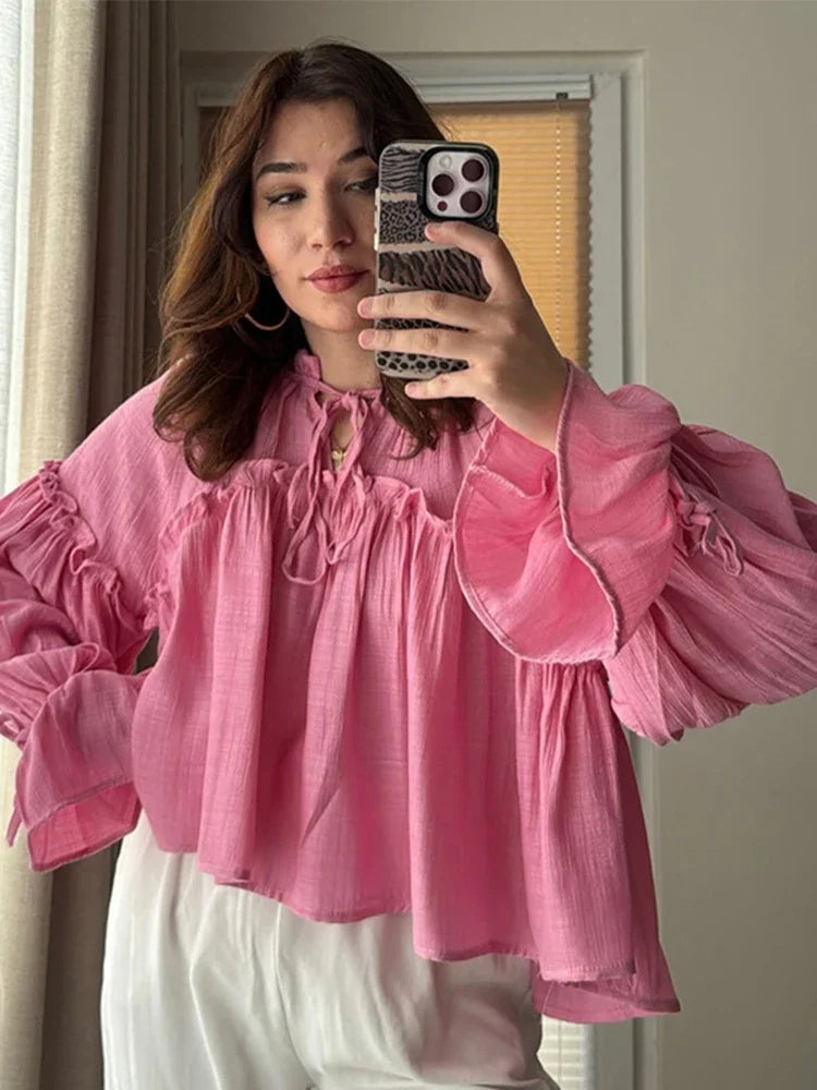 Cralom Casual Ruffles Shirt, Lantern Sleeves, Lace-Up O-Neck, Solid Color Streetwear