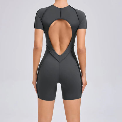 Cralom Hollow Back Yoga Jumpsuit Short-Sleeved Sportswear