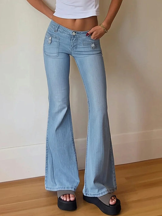 Cralom Vintage Flare Jeans Women Y2k Streetwear Slim Straight Pants