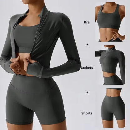 Cralom 3Pcs Yoga Set for Women: Workout Suit, Quick-Drying Material, Gym Jackets