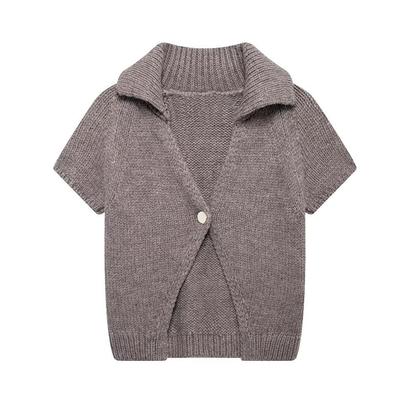 Cralom Vintage Knitted Button Cardigan Sweater for Women Fall Elegant Short Sleeve Knit Top