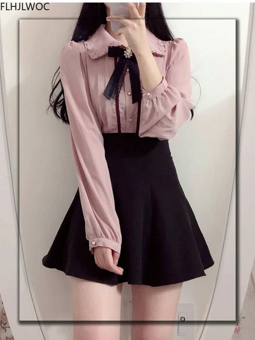 Cralom Spring Women's Preppy Button Shirts Pink White Vintage Design