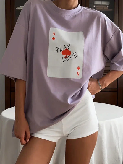Cralom Poker Card Print T-Shirt Women's O-Neck Summer Top