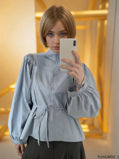 Cralom Autumn Cotton Turtleneck Tops, Chic French Style Button Shirts